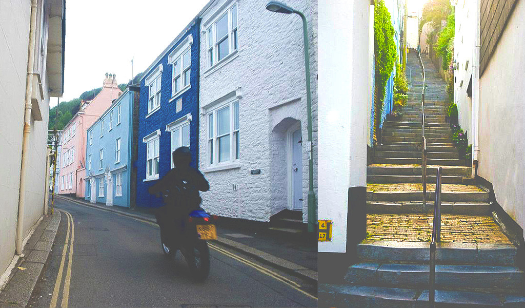 From left: Dartmouth back streets and steps in the direction pf Dartmouth castle