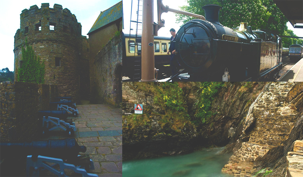 From left: Cannons in Dartmouth Castle, Steam train and the cliffs in the evening