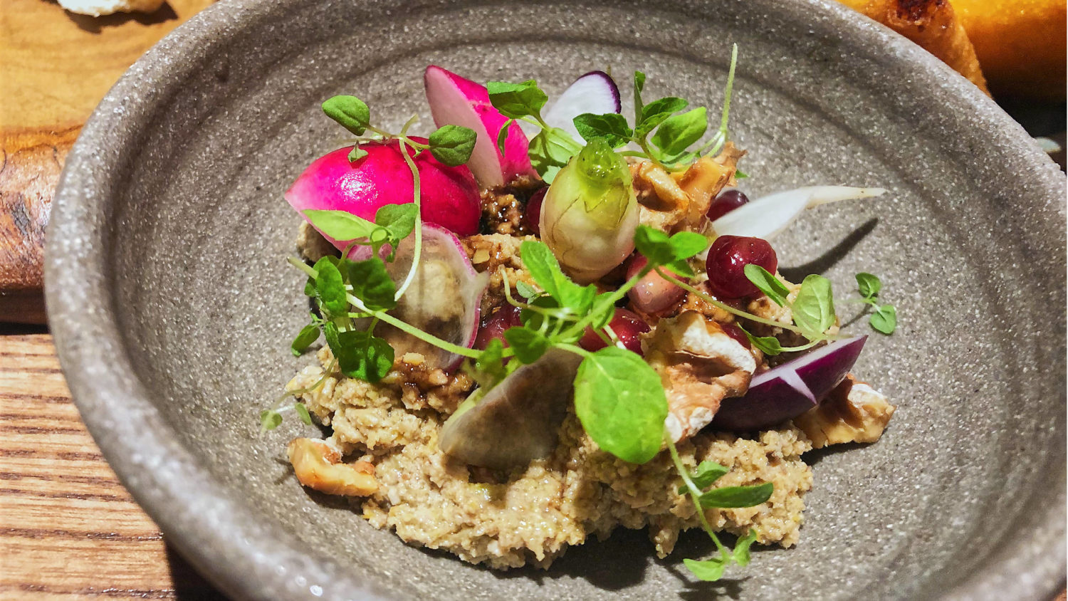 A beautifully decorated dish of Smokey aubergine at Nutshell London